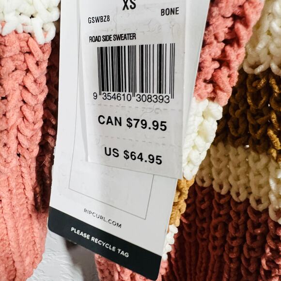 NEW! Rip Curl Crop Cozy Sweater Stripe Long Sleeve Casual Knit Pink Cream - XS - Picture 4 of 6